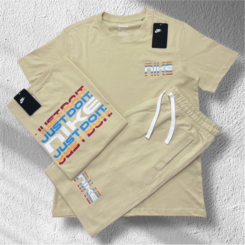 Nike Beige Tee & Jogger Set with Multicolor 'Just Do It' Graphics